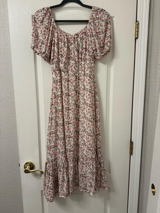 Lulus Floral Puff-Sleeve Midi Dress in Cream and Pink - Picture 5 of 6